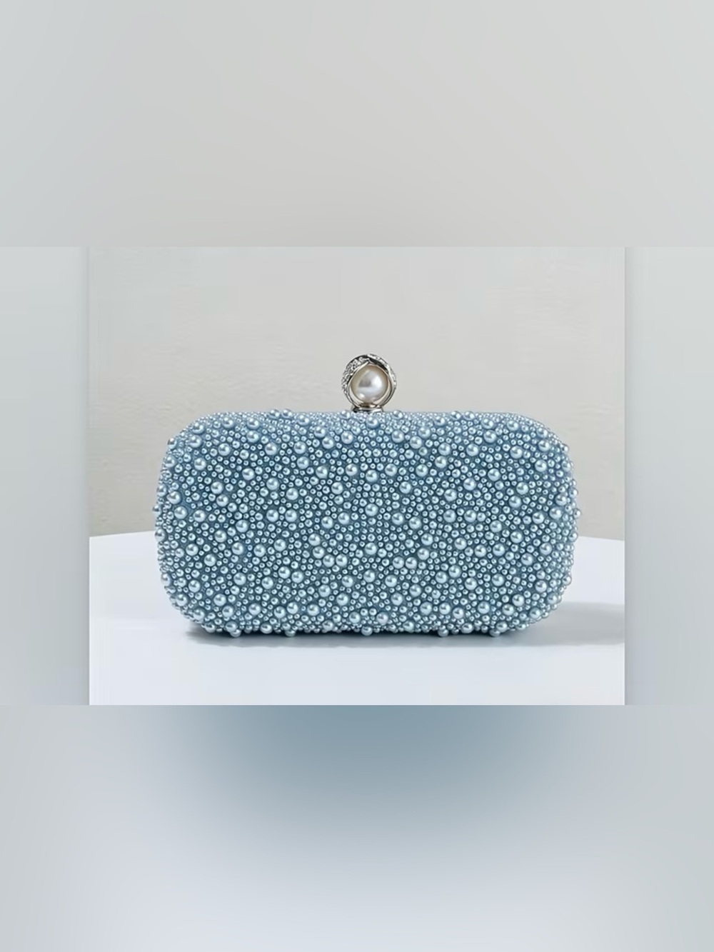 Pearl-Embellished Light Blue Evening Clutch